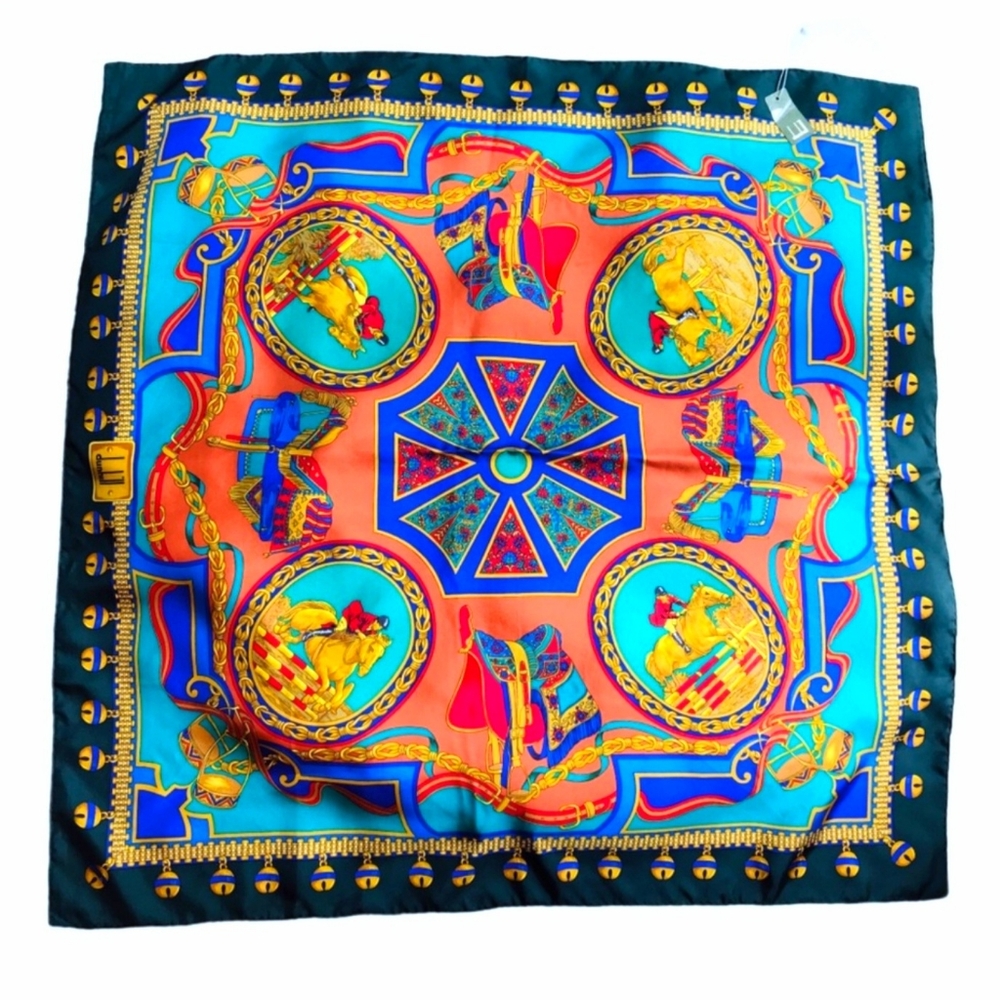 Dunhill Equestrian Print Square 100% Silk Scarf Multi Color